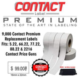 Contact Price Gun Replacement Labels - White Pricing Labels for Contact 5.22, 66.22, 77.22, 88.22 & 2216 Price Guns. 1-Sleeve Includes, 9-Rolls (9,000 Labels) and 1 Premium Ink Roller